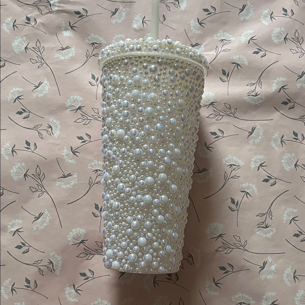 Pearl Embellished Tumbler with Straw